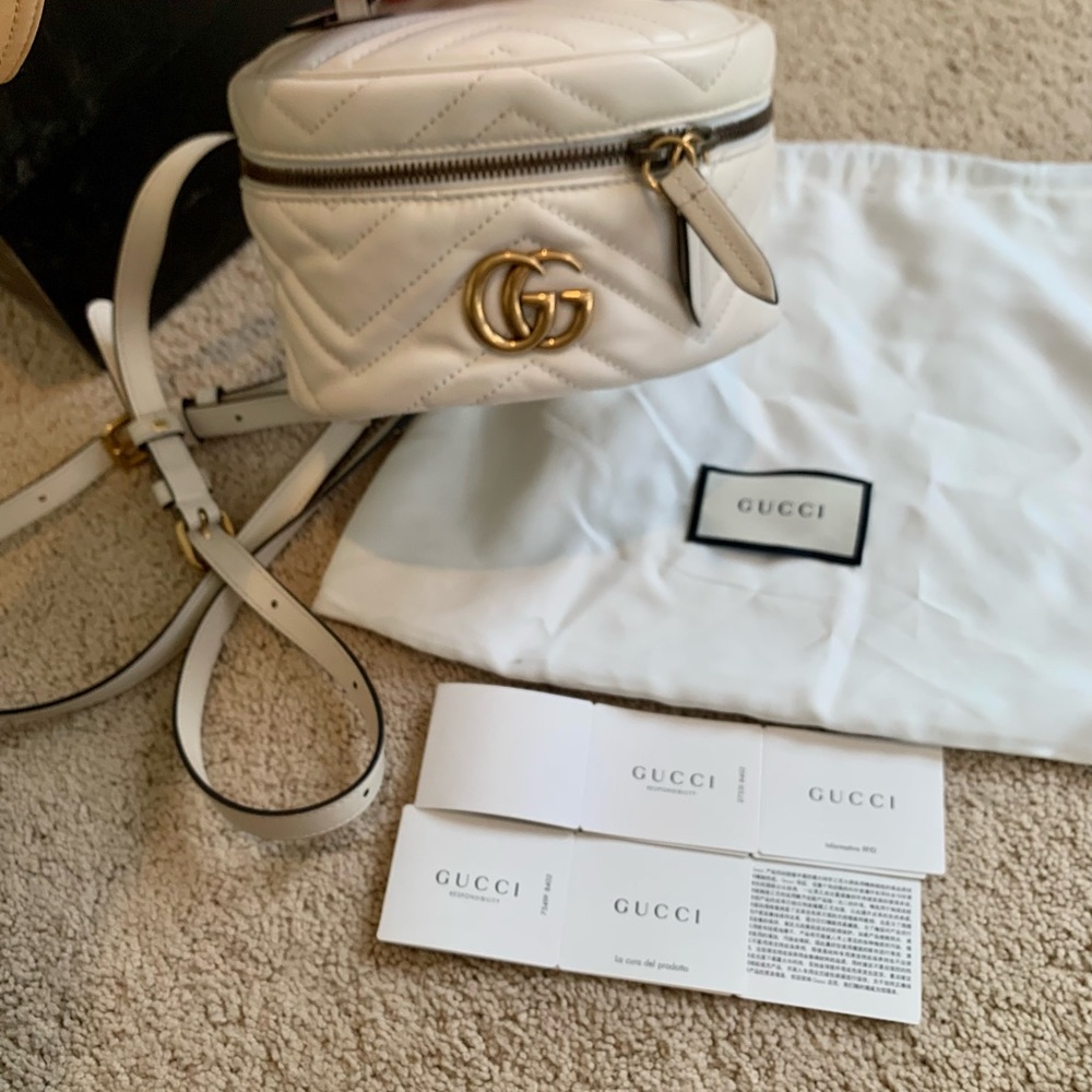 Gucci Calfskin Matelasse Mini GG Marmont Rounded Backpack in White